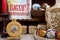 Easter eggs, pottery on a wooden tray