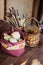 Easter eggs in quilt handmade bag in country house