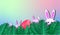 Easter eggs and rabbits sneak in the monstera leaves with colorful gradient or multicolor toned background of holographic for