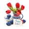 Easter eggs and red tulips in blue ceramics on white, text