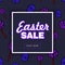 Easter eggs sale square banner. Easter frame with painted eggs, sweets that are scattered around the background, purple colors,