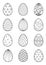 Easter eggs set for coloring book page. Doodle style. Black and white illustration