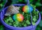 Easter eggs and shell in the violet flowerpot