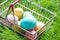 Easter eggs in a shop basket on the grass