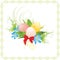 Easter eggs, spring flowers and red bow with card