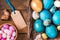 Easter eggs and sweets food background.