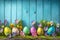 Easter eggs on turf grass and blue wooden wall with spring vivid flowers