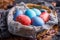 Easter eggs of unusual coloring in a wicker basket on a wooden background. Still life of the holiday.