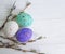 Easter eggs willow rustic on white wooden