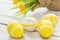 Easter eggs on a wooden background with daffodils