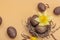 Easter eggs, wooden bunnies and bird\\\'s nest with chicken and narcissus flower. Festive concept