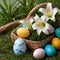 Easter Elegance: White Lily Flowers and Eggs in a Basket