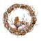 Easter elements. Easter wreath of fluffy willow branches and a wooden decorative chicken with Easter colored eggs