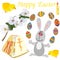 Easter elements set: cute rabbit, chicken, tender blooming branch, candle, painted eggs isolated on white background