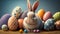 Easter - Embrace the Easter Spirit with a Playful Bunny Amidst a Colorful Array of Decorated Eggs - ai generated.