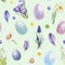 Easter festive seamless pattern. Watercolor illustration. Hand drawn painted eggs, daisy, crocus daffodil spring flowers