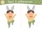 Easter find differences game for children. Holiday activity page with funny boy in bunny ears jumping with joy. Printable