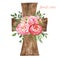 Easter floral cross illustration. Watercolor Rustic wooden cross wreath and beautiful pink flowers with green leaves for Easter