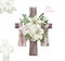 Easter floral cross illustration. Watercolor rustic wooden cross wreath and beautiful white lily flowers with green leaves