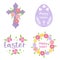 Easter floral set with cross, decorated egg, wreath and spring bouquet. Easter religious theme ornament.