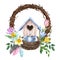 Easter floral wreath. Watercolor holiday decor illustration with eggs, birdhouse, spring flowers, isolated