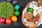 Easter food composition - traditional eggs, pastry, cold meat