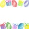 Easter frame-funny drawings, watercolor card with colorful eggs, with boxes of gifts, bows, isolated on a white background. Lovely