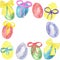 Easter frame-funny drawings, watercolor card with colorful eggs, with boxes of gifts, bows, isolated on a white background. Lovely