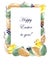 Easter frame in the shape of a rectangle with Golden and green eggs, yellow chickens and willow branches on a white background.
