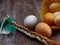 Easter fresh eggs with czech whip on wooden desk