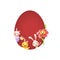 Easter friends sheep bunny chicken and flower peeking behind egg shape hole on red background