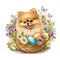 Easter Fun with Pomeranian Puppy and Watercolor Florals AI Generated