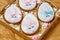 Easter gingerbread glazed cookies, eggs form with rabbit