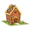 Easter gingerbread house with chocolate rabbit and flowers