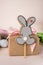 Easter gingerbread on sticks in the form of rabbit, gift, eggs, flowers