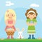 Easter girls with bunny basket egg icon sky background template flat design vector illustration