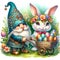 Easter Gnome and Bunny with colorful eggs, Adorable watercolor illustrations.