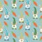 Easter gnome seamless pattern holding eggs with carrots on blue background.