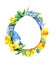 Easter gnome and spring flowers - narcissus, hyacinth, crocus in egg shape frame. Floral watercolor empty border wreath