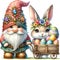 Easter Gnome is surrounded by eggs and flowers, with Adorable watercolor illustrations.