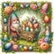 Easter Gnome is surrounded by eggs and flowers, Colorful easter eggs, Adorable watercolor illustrations.