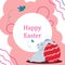 easter gray rabbit sits with a red egg