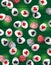 Easter green background with red and black symbols over many white