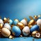 Easter greeting background with realistic golden, blue, white Easter eggs.