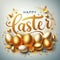 Easter greeting background with realistic golden, Easter eggs with golden text on a light background