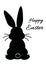 Easter greeting card design with black bunny sitting, rabbit back silhouette with black inscription Happy Easter, Vector