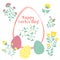 Easter greeting card in the egg shape with flowers. Religious holiday vector illustration for poster, flyer. Decorating eggs with