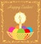 Easter greeting card with golden candle, basket with painted eggs and floral vignette