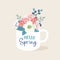 Easter greeting card, invitation. Handwritten Hello Spring text. Hand drawn mug. Cup of tea or coffee. Porcelain mug