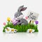 Easter greeting card with a little rabbit, eggs, and flowers in the grass